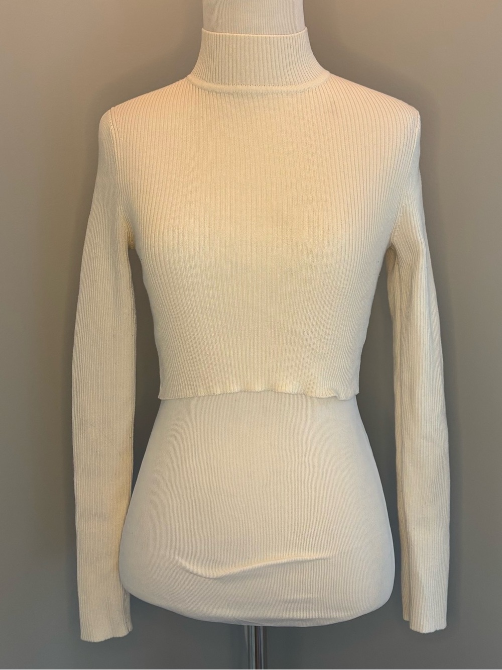 H&M Divided Small White Ribbed Crop Mock Neck Long Sleeve Top